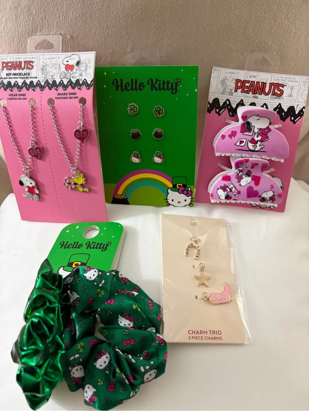 NWT Peanuts BFF Necklaces, Hello Kitty Earrings & Scrunchies and Charm Trio